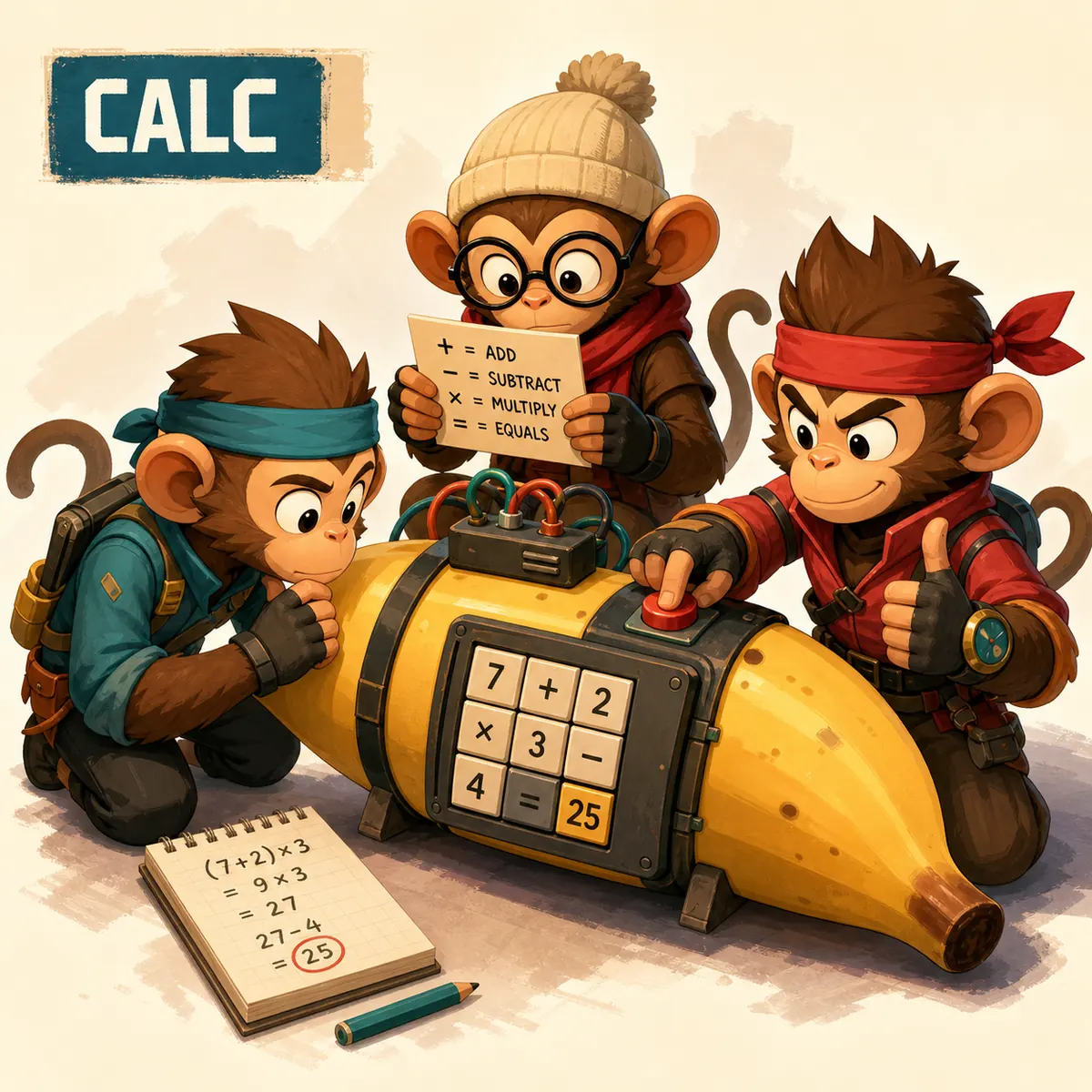 Editorial illustration of three BOMBANANA teammates solving a calculator module with one confirmed action