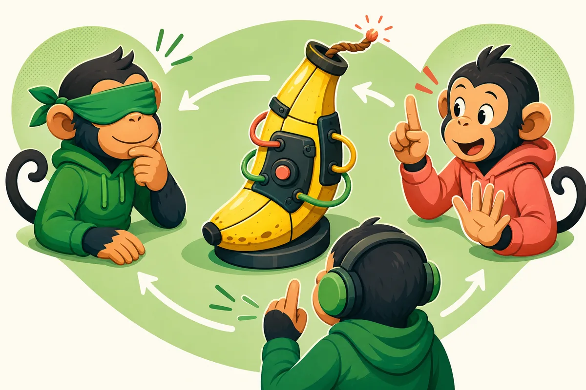 Editorial illustration of three monkey teammates relaying information around a banana bomb