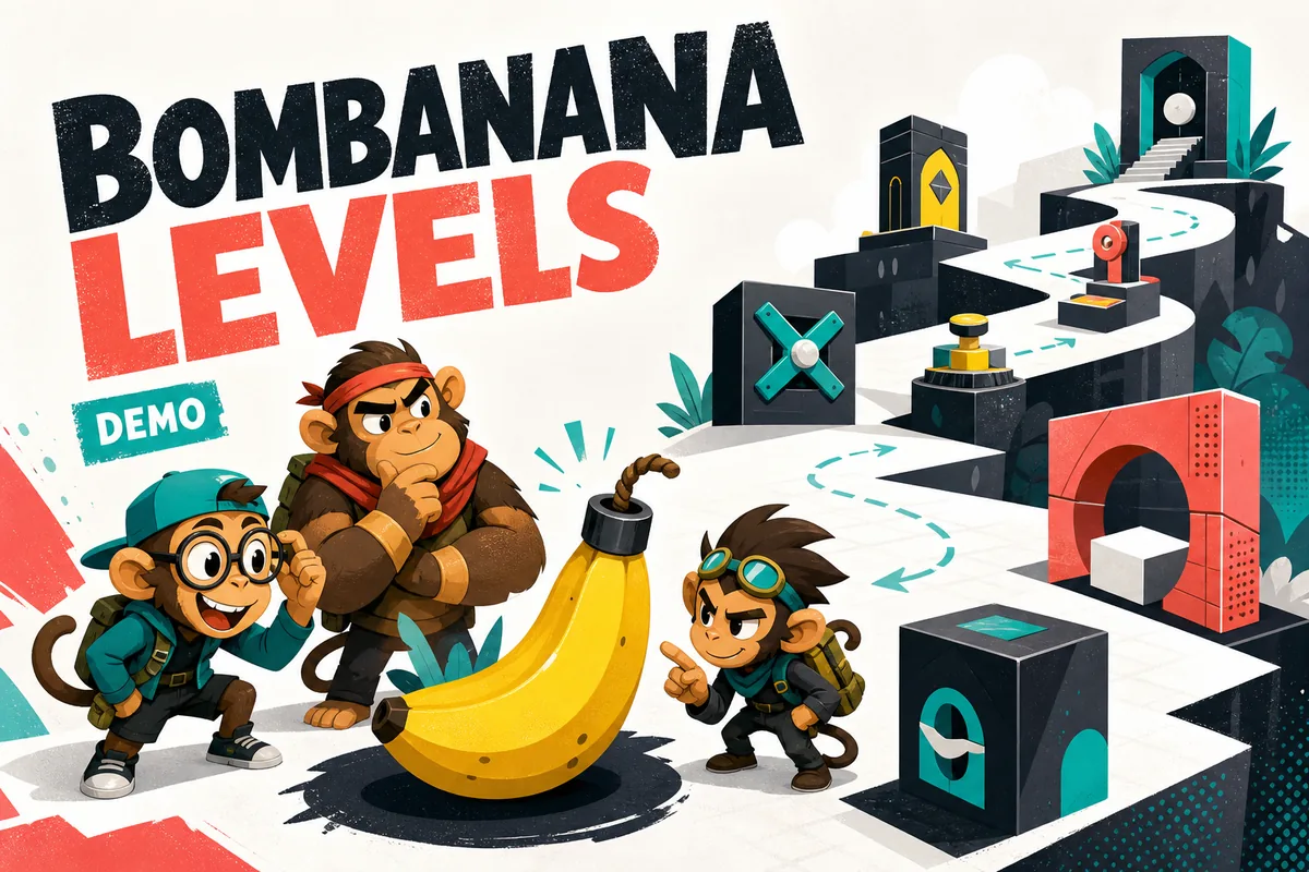 Non-official editorial illustration of three monkey teammates following an uncertain BOMBANANA demo level path