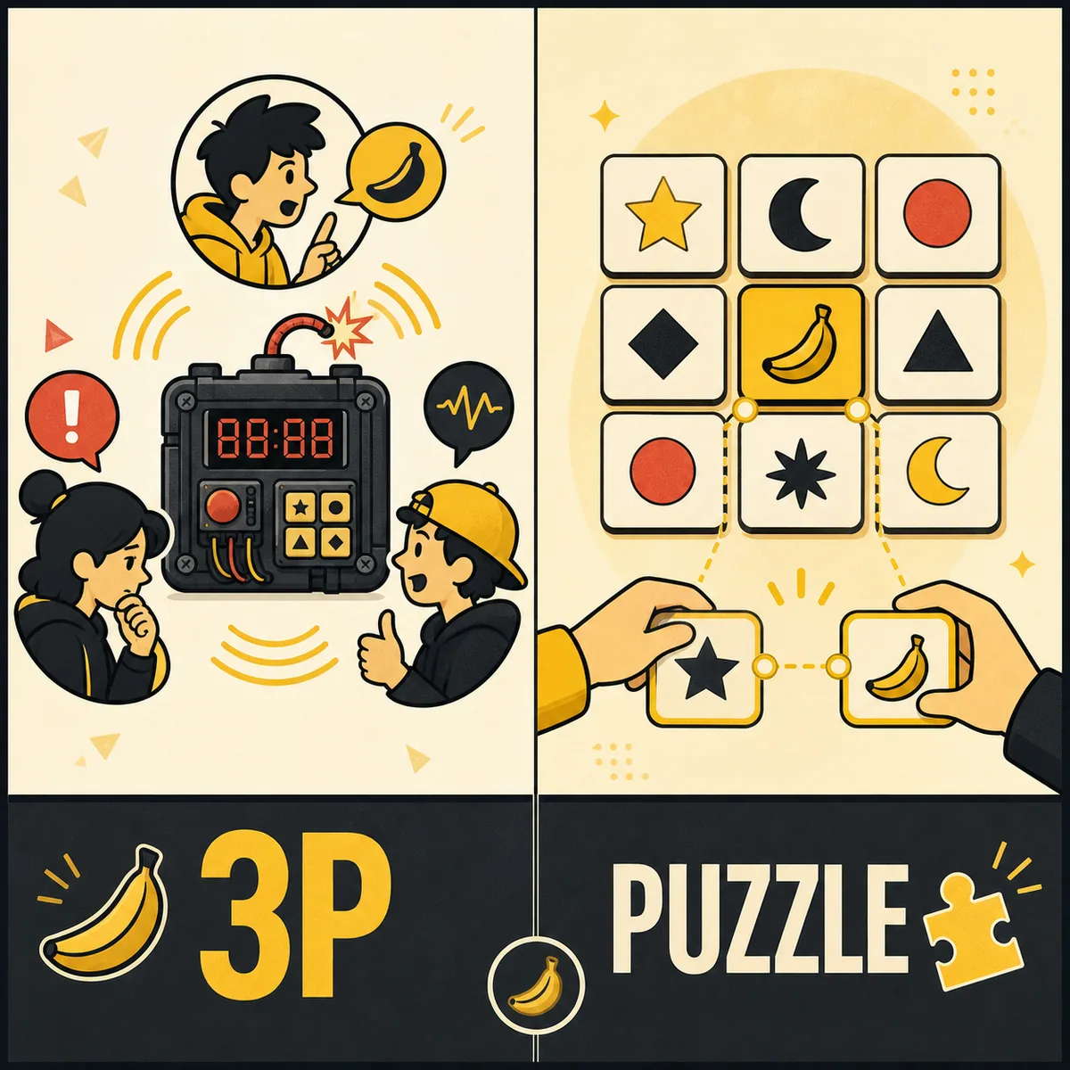 Non-official comparison illustration showing BOMBANANA-style three-player communication beside general co-op puzzle selection